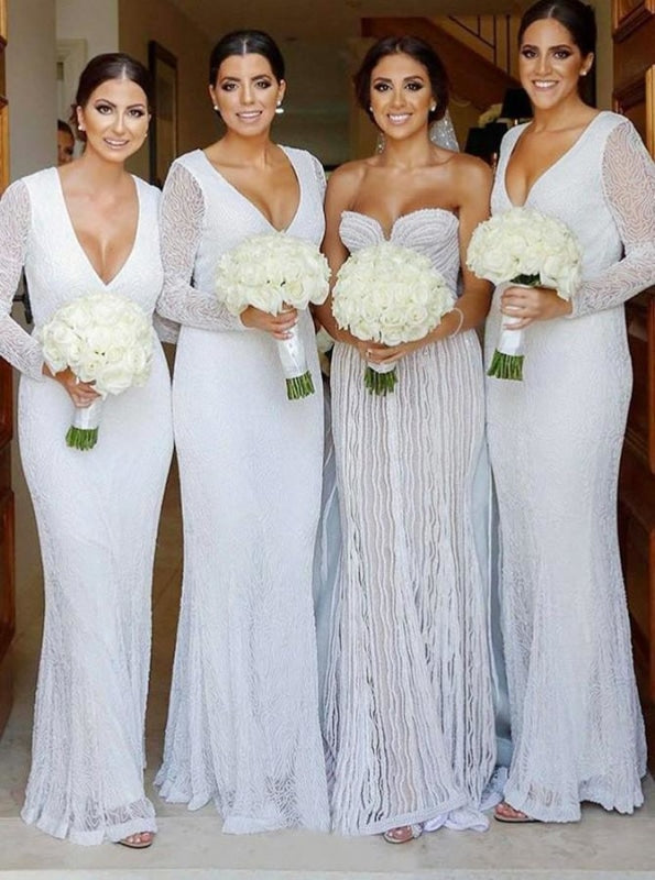 Sheath V-Neck Long White Lace Bridesmaid Dress - Bridesmaid Dresses