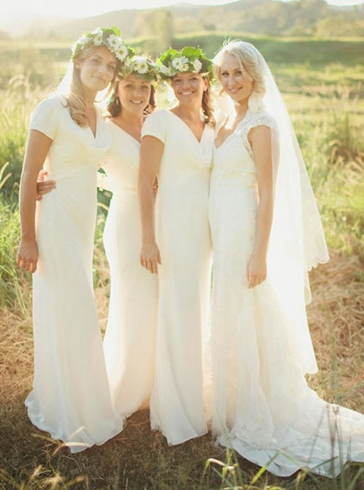 Sheath V-Neck Short Sleeves Floor-Length Chiffon Bridesmaid Dress - Bridesmaid Dresses