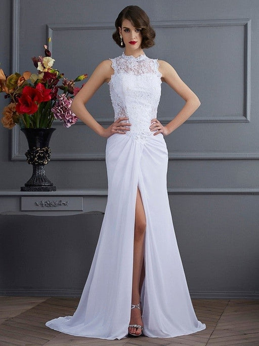 Sheath/Column High Neck Sleeveless Long Chiffon Dresses - Prom Dresses