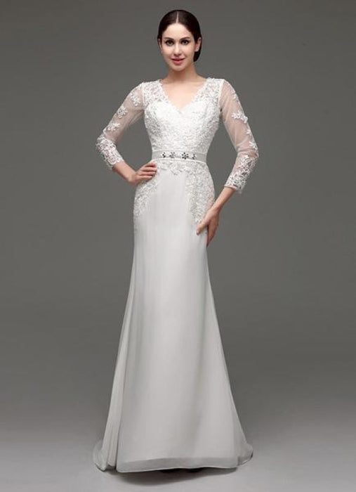 Sheath/Column Long Sleeves Illusion Back V-neck Bridal Gown With Rhinestone Sash