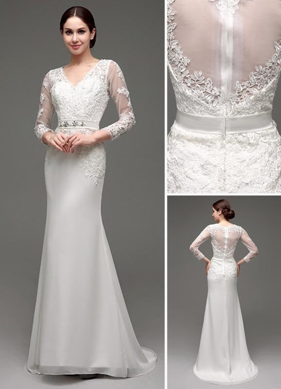 Sheath/Column Long Sleeves Illusion Back V-neck Bridal Gown With Rhinestone Sash