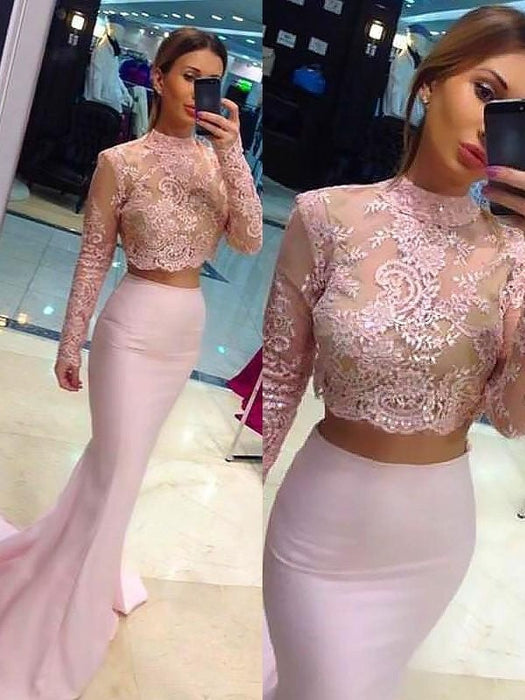 Sheath/Column Long Sleeves Lace Sweep/Brush Train High Neck Satin Two Piece Dresses - Prom Dresses