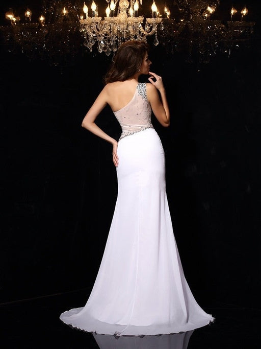 Sheath/Column One-Shoulder Beading Sleeveless Long Chiffon Dresses - Prom Dresses