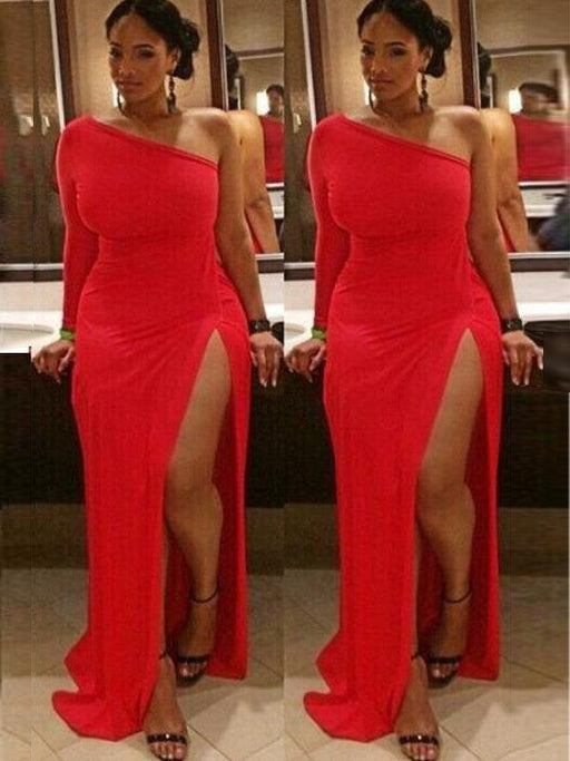 Sheath/Column One-Shoulder Long Sleeves Ruched Sweep/Brush Train Spandex Plus Size Dresses - Prom Dresses