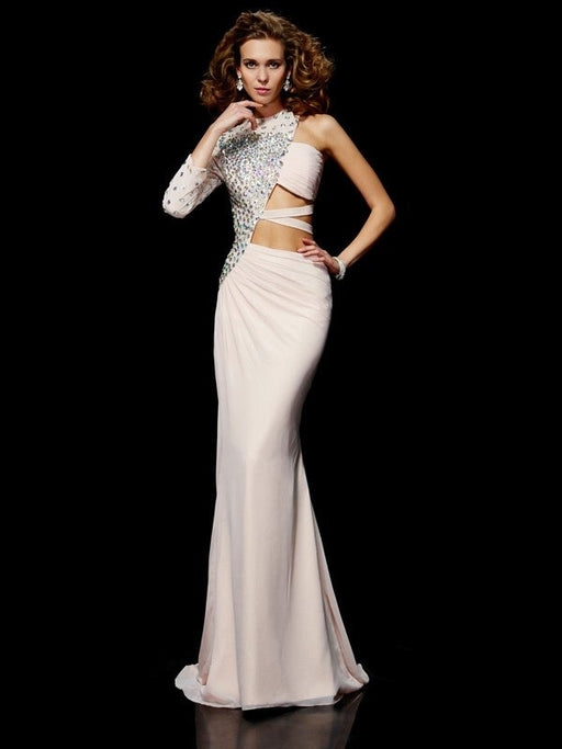 Sheath/Column One-Shoulder Sleeveless Ruffles Long Chiffon Dresses - Prom Dresses