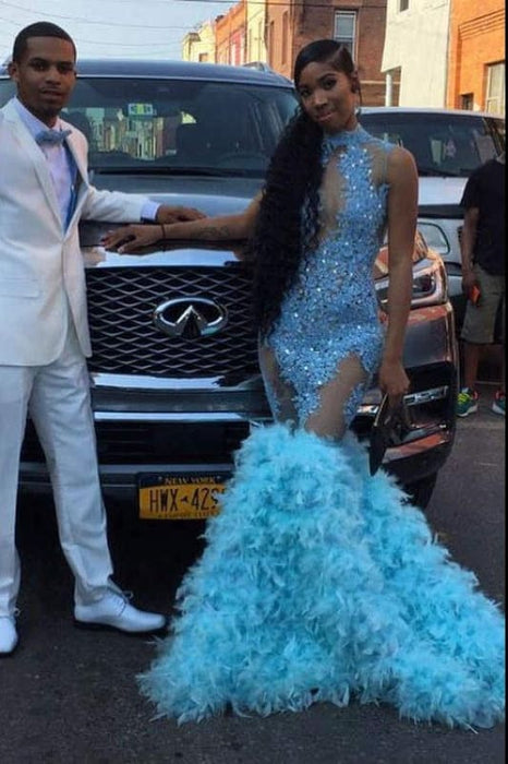 Light Blue Feather Mermaid Prom Dress With Feather Bottom - Bridelily Light Blue Feather Mermaid Prom Dress With Feather Bottom - Bridelily