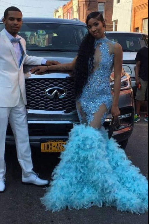 Light Blue Feather Mermaid Prom Dress With Feather Bottom - Bridelily Light Blue Feather Mermaid Prom Dress With Feather Bottom - Bridelily