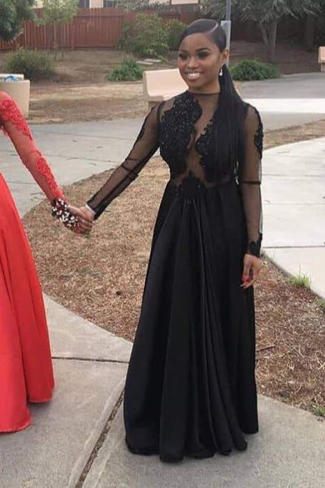 Sheer Sleeve Lace Black Long Prom Dresses 2021 - Bridelily Sheer Sleeve Lace Black Long Prom Dresses 2021 - Bridelily