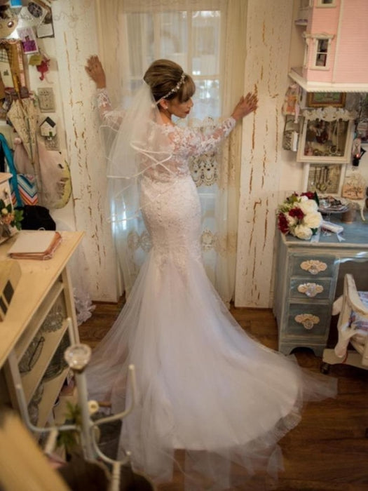 Sheer O-Neck Long Sleeve Lace Mermaid Wedding Dresses - wedding dresses