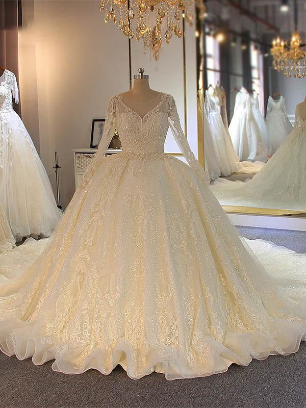 Shinny Long Sleeves Lace-Up Wedding Dresses with Full Beading Shinny - Ivory / Long train - wedding dresses