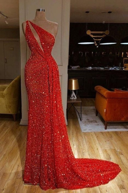 Shinny One Shoulder Red Sequins Sexy Long Prom Dresses - Prom Dresses