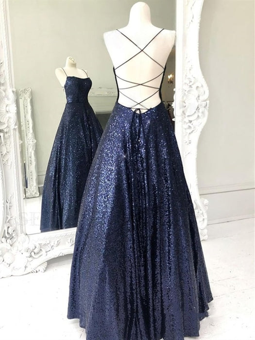 Shiny V Neck Navy Blue Long Prom Dresses, Sparkly Navy Blue Formal Eve —  Bridelily