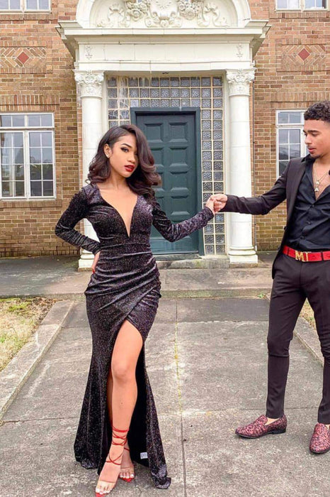 Shiny Black Deep V Neck Simple Long Prom Dresses - Bridelily Shiny Black Deep V Neck Simple Long Prom Dresses - Bridelily