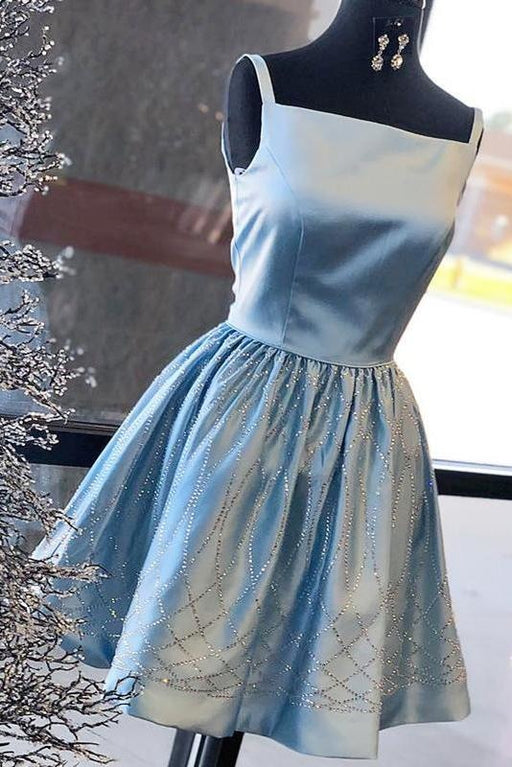 Shiny Blue Satin Beading Square Neck Sleeveless Homecoming Knee Length Prom Dress - Prom Dresses