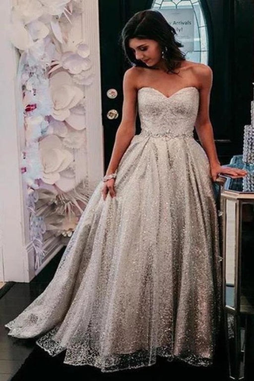 Shiny Cheap Sweetheart Silver Prom Dresses Floor Length Strapless Long Evening Dress - Prom Dresses