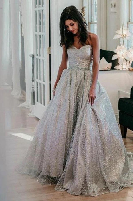 Shiny Cheap Sweetheart Silver Prom Dresses Floor Length Strapless Long Evening Dress - Prom Dresses