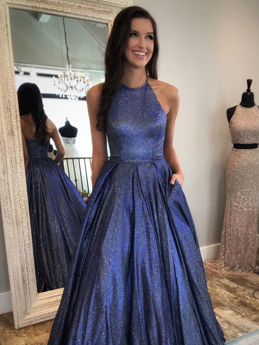 Shiny Halter Neck Backless Dark Blue Long Prom Dresses with Pocket, Ba Bridelily Shiny Halter Neck Backless Dark Blue Long Prom Dresses with Pocket, Ba Bridelily