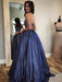 Shiny Halter Neck Backless Dark Blue Long Prom Dresses with Pocket, Backless Blue Formal Graduation Evening Dresses 