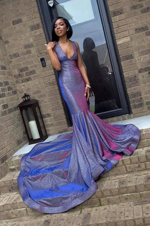 Shiny Halter Sleeveless Backless Prom Dresses with Train - Prom Dresses
