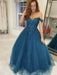 Shiny Off Shoulder Blue Lace Long Prom Dresses, y Blue Lace Formal Evening Dresses