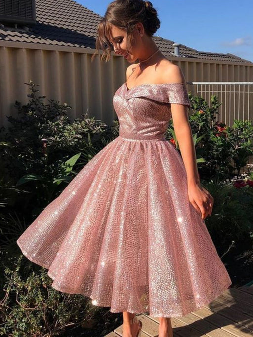 Shiny Off Shoulder Knee Length Rose Pink Prom, Sparkly Pink Formal Gra Bridelily Shiny Off Shoulder Knee Length Rose Pink Prom, Sparkly Pink Formal Gra Bridelily