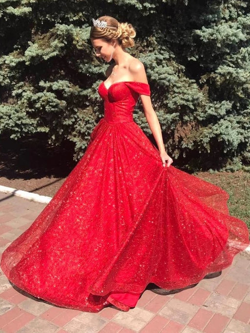 Shiny Off Shoulder Red Long Prom Dresses, Off the Shoulder Red Formal Dresses, y Red Evening Dresses