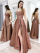 Shiny Open Back Brown Long Prom Dresses with Slit, y Brown Formal Evening Dresses