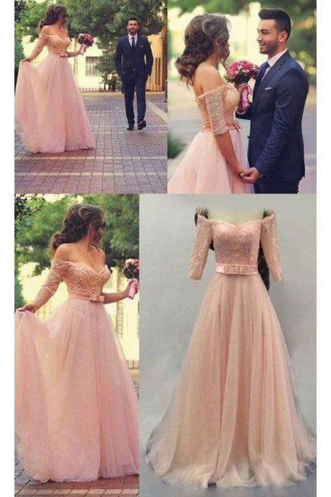 Shiny Pink Off the Shoulder Half Sleeves Sash Bow Beads Pearls Tulle Prom Dresses - Prom Dresses