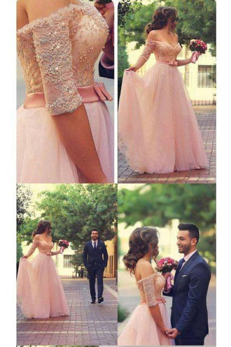 Shiny Pink Off the Shoulder Half Sleeves Sash Bow Beads Pearls Tulle Prom Dresses - Prom Dresses