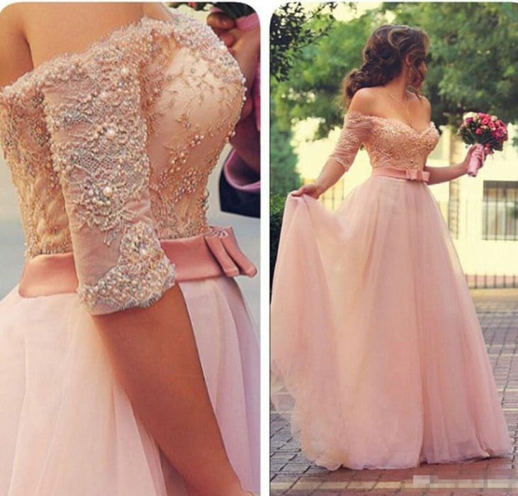 Shiny Pink Off the Shoulder Half Sleeves Sash Bow Beads Pearls Tulle Prom Dresses - Prom Dresses