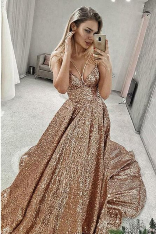 Shiny Puffy Sleeveless Sequined Court Train Prom Dress Sparkly Sequin Evening Dresses - Prom Dresses