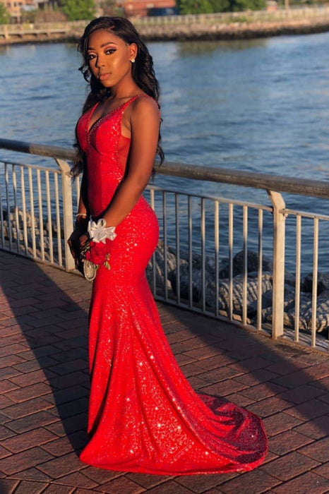 Shiny Red Spaghetti Strap Sleeveless Mermaid Evening Dresses - Prom Dresses