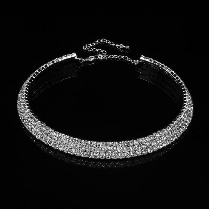 Shiny Rhinestone Silver Handmade Bridal Necklaces | Bridelily - 3 Row Crystal / Clear - necklaces