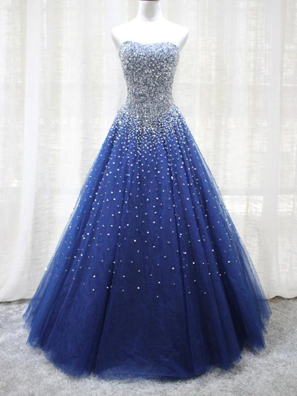 Blue Sequin Prom Dress Strapless Ball Gown Sparkly