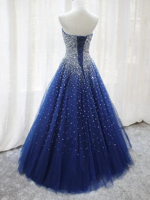 Shiny Sequins Strapless Blue Long Prom Dresses, y Blue Formal Evening Dresses, Blue Ball Gown 