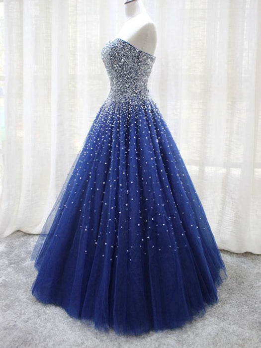Shiny Sequins Strapless Blue Long Prom Dresses, y Blue Formal Evening Dresses, Blue Ball Gown 
