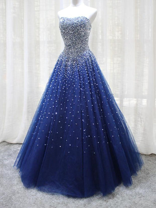 Shiny Sequins Strapless Blue Long Prom Dresses, y Blue Formal Evening Dresses, Blue Ball Gown 