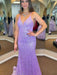 Shiny Sequins V Neck Backless Mermaid Lilac Long Prom Dresses, Backless Purple Formal Dresses, Mermaid Evening Dresses 