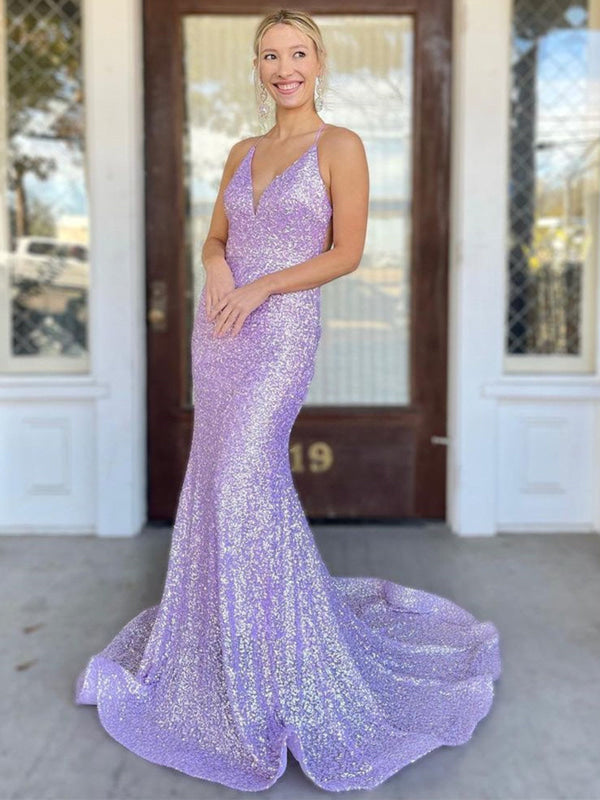 Shiny Sequins V Neck Backless Mermaid Lilac Long Prom Dresses, Mermaid Bridelily Shiny Sequins V Neck Backless Mermaid Lilac Long Prom Dresses, Mermaid Bridelily