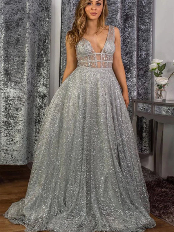Shiny Sequins V Neck Silver Gray Long Prom Dresses, Silver Grey Formal —  Bridelily