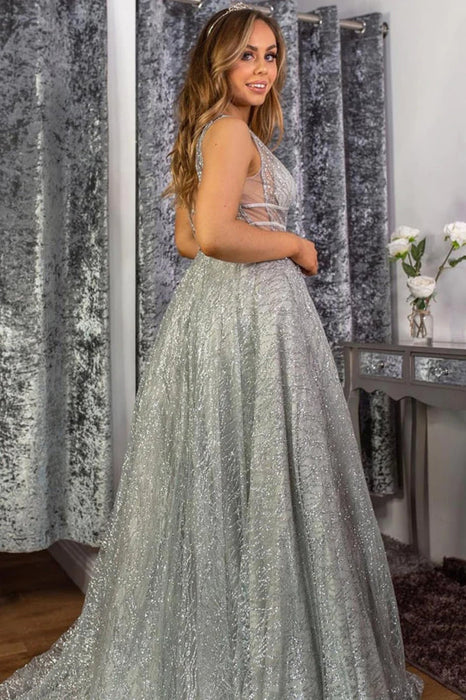 Shiny Sequins V Neck Silver Gray Long Prom Dresses, Silver Grey Formal Bridelily Shiny Sequins V Neck Silver Gray Long Prom Dresses, Silver Grey Formal Bridelily