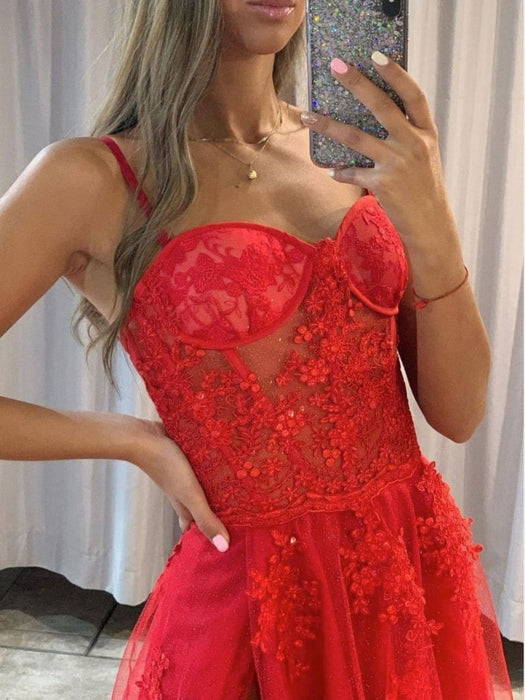 Shiny Sweetheart Neck Red Lace Long Prom Dresses, High Slit Red Lace Formal Dresses, Red Lace Evening Dresses 