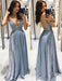 Shiny V Neck Backless Blue Long Prom Dresses, Open Back Blue Formal Graduation Evening Dresses