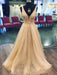 Shiny V Neck Champagne Floral Long Prom Dresses, Champagne 3D Flowers Formal Evening Dresses
