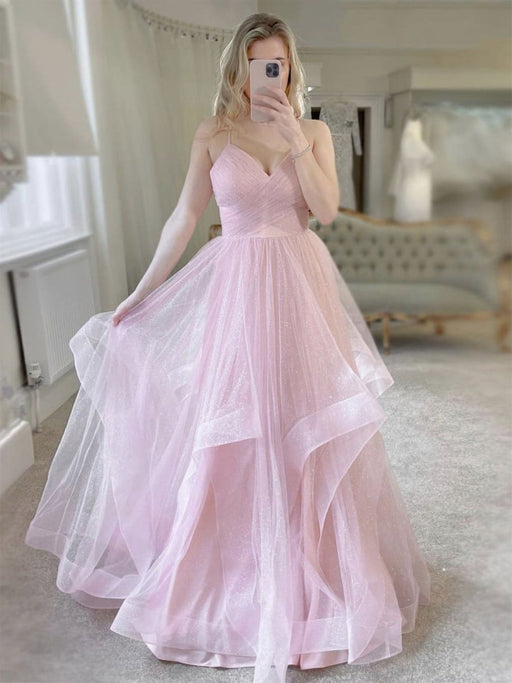 Shiny V Neck Fluffy Pink Long Prom Dresses, V Neck Pink Formal Evening Bridelily Shiny V Neck Fluffy Pink Long Prom Dresses, V Neck Pink Formal Evening Bridelily