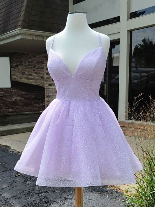 Shiny V Neck Lilac Short Prom Homecoming Dresses, Purple Formal Dresse Bridelily Shiny V Neck Lilac Short Prom Homecoming Dresses, Purple Formal Dresse Bridelily