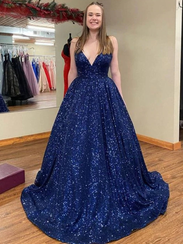 Shiny V Neck Navy Blue Long Prom Dresses, Sparkly Navy Blue Formal