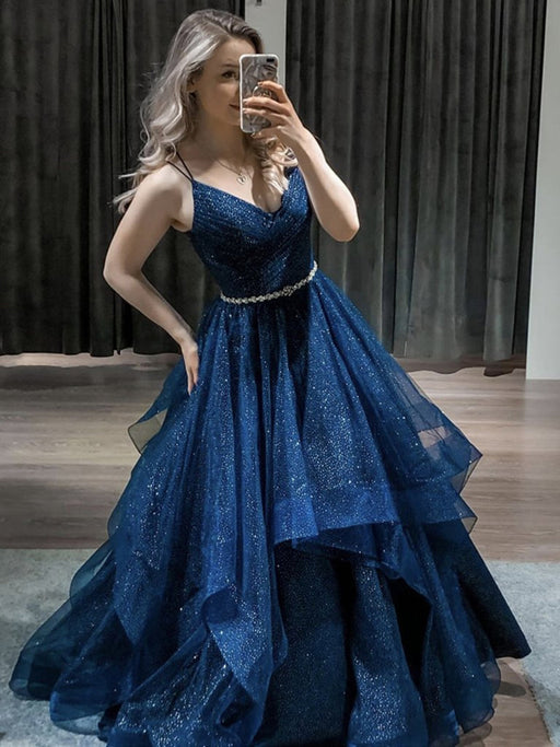 Navy Blue V Neck Prom Dress with Belt Sleeveless A-Line-Bridelily Navy Blue V Neck Prom Dress with Belt Sleeveless A-Line-Bridelily
