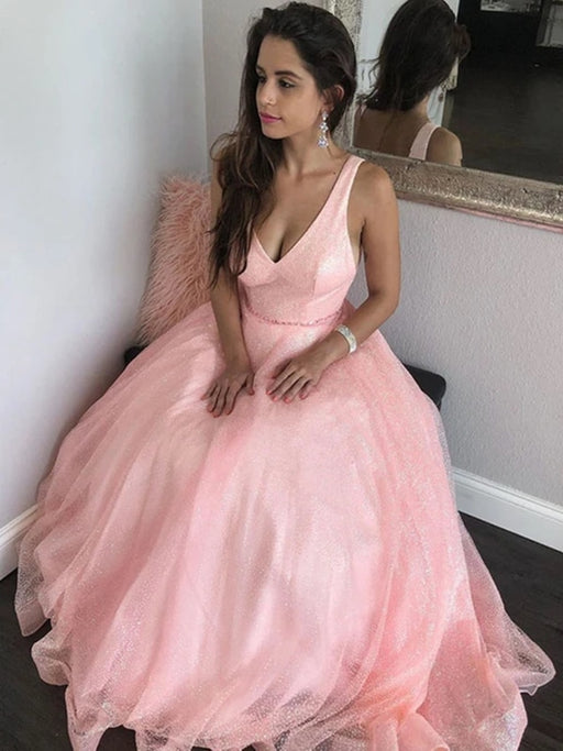 Shiny V Neck Pink Sequin Long Prom Dresses, y Pink Formal Evening Dresses