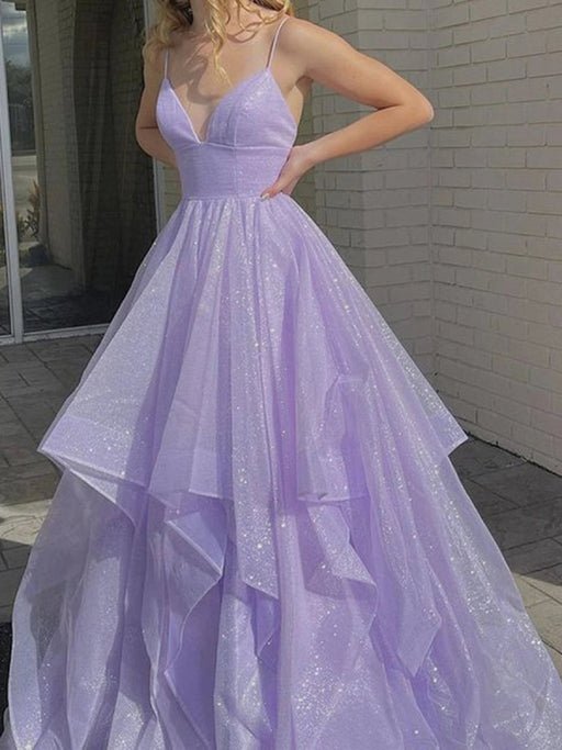 Shiny V Neck Purple Long Prom Dresses, Fluffy Purple Formal Evening Dresses, y Ball Gown